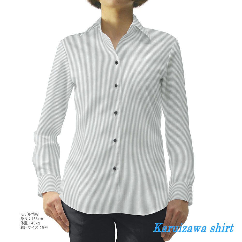 レディース 軽井沢シャツ 純綿 形態安定 スキッパー グレーロンドンストライプ 0kzaa11