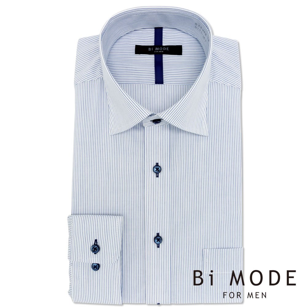 ワイシャツ[BiMODE] ワイドスプレッド ホワイト×ネイビーストライプ 形態安定 標準型 P12BMW263 ワイシャツアウトレット通販