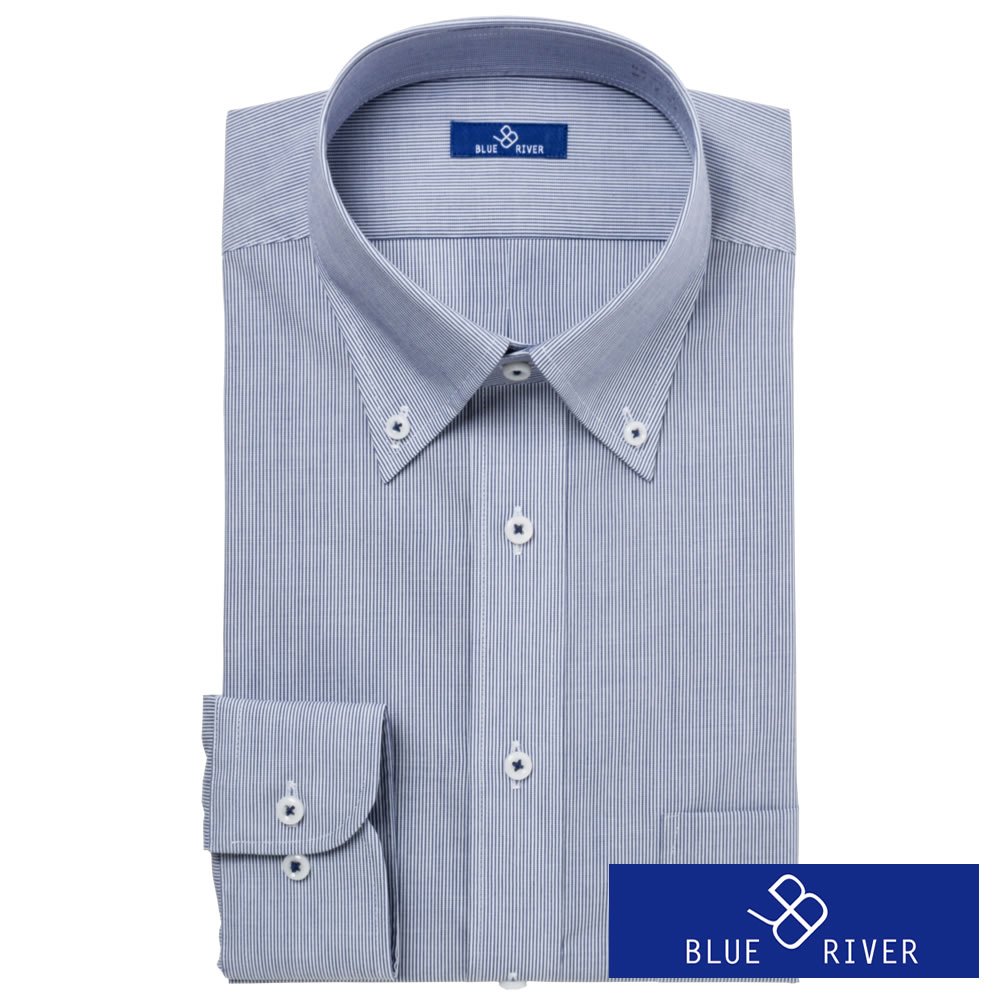 ワイシャツ[BLUERIVER] ボタンダウン スパーノエコ ネイビーストライプ