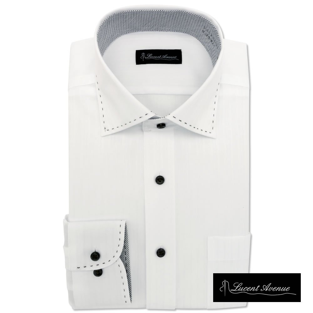 ワイシャツ[LucentAvenue] ワイドスプレッド 飾りステッチ ホワイトドビーストライプ 形態安定 スリム型 P12LAW282