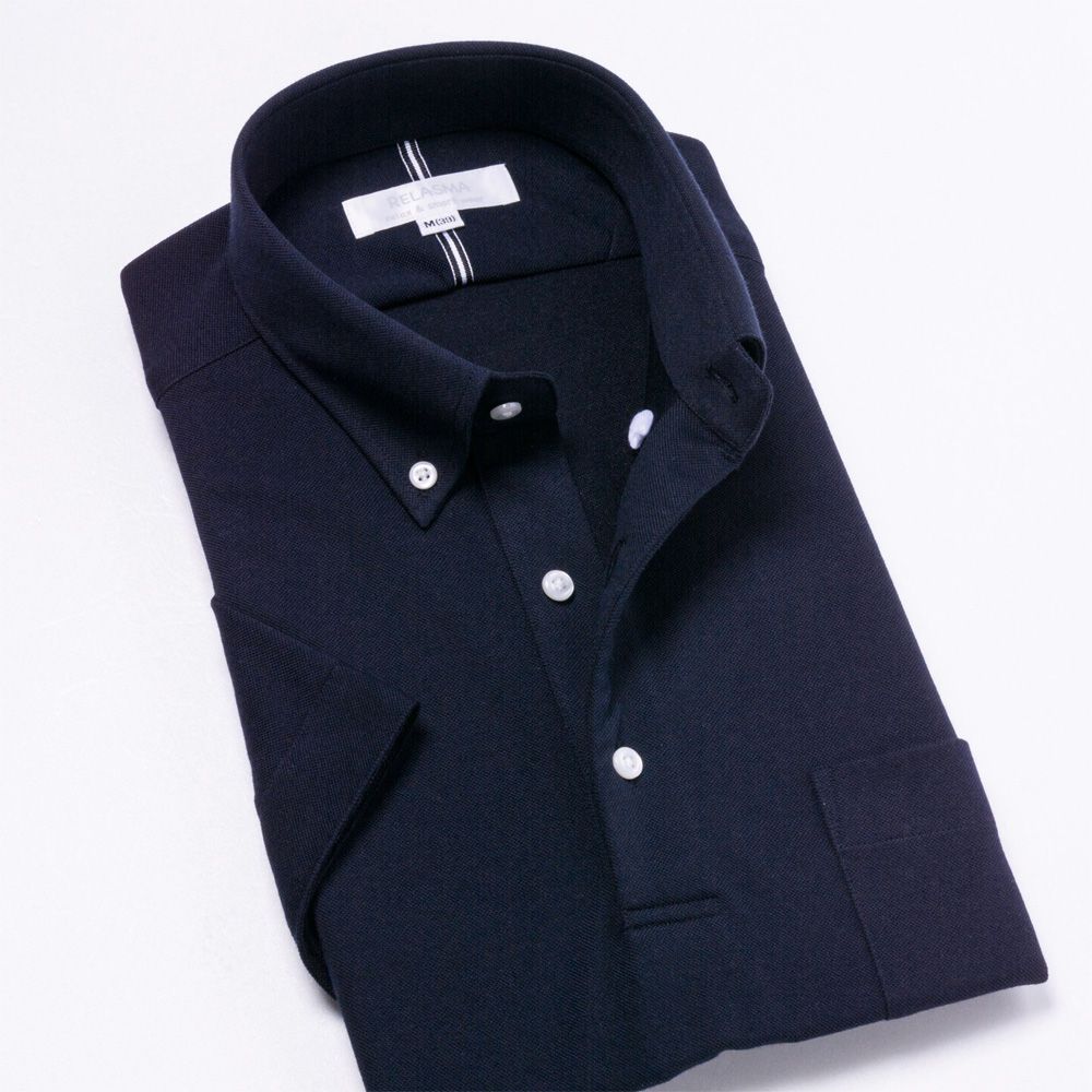 半袖ワイシャツ[RELASMA] ボタンダウン 短尺 スパーノアクティブ ネイビー無地ニット 形態安定 標準型 P16RSB201